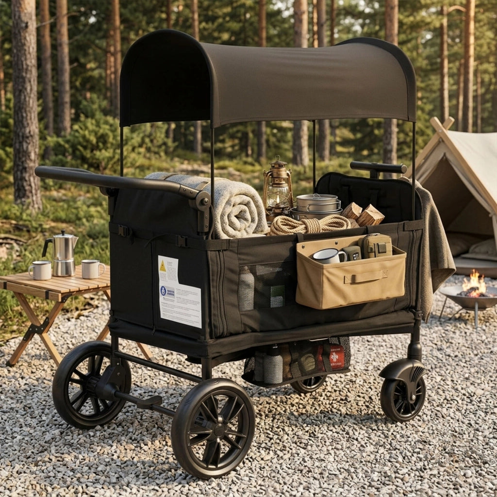 Carretto per bambini con sedile, carretto/passeggino pieghevole per 2 bambini, nero, maniglione imbottito regolabile in 8 posizioni, capottina parasol