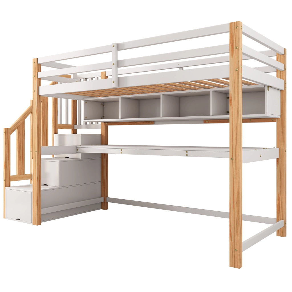 LETTO A SOPPALCO per bambini 90x200 cm con scrivania e scala contenitore bianco e rovere