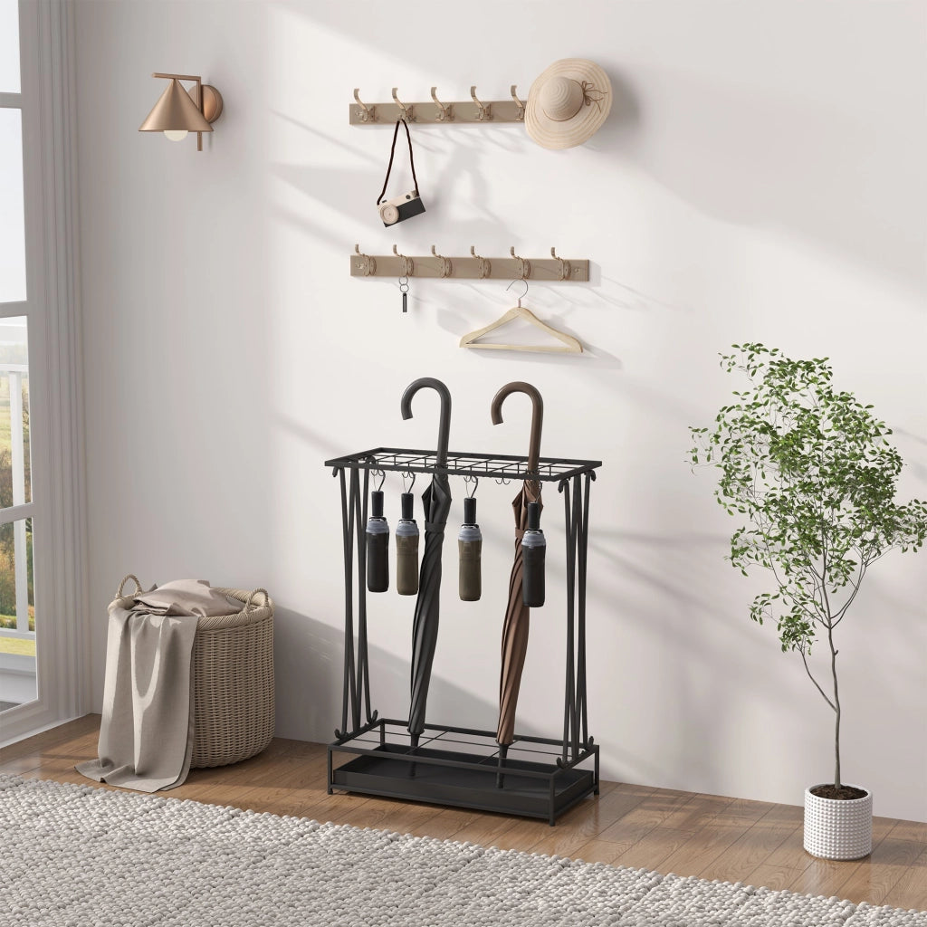 Portaombrelli 50x24x68 cm con Vaschetta per l'Acqua 21 Fori e 24 Ganci in Acciaio Nero