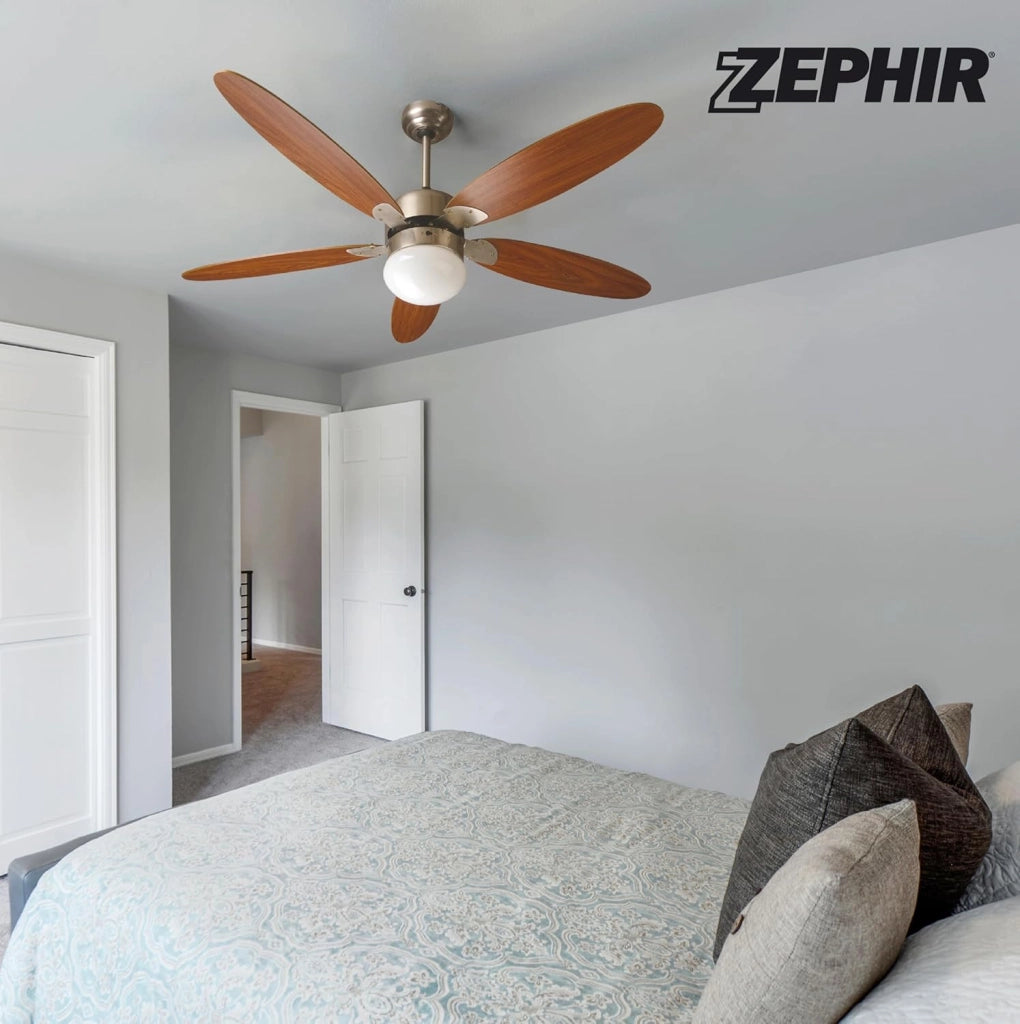 ZEPHIR Ventilatore da Soffitto con Telecomando e Luce E27 130 cm 5 Pale in Legno Marrone Reversibile con Timer 1-8h 3 Velocità 70W