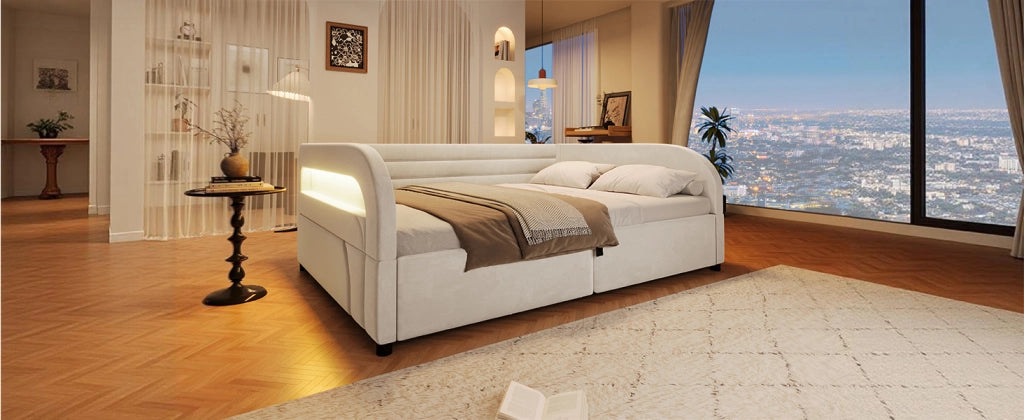 DESMIU Lit con contenitore 140 × 200 cm 2 posti con apertura idraulica, LED, senza materasso, in flanella, beige