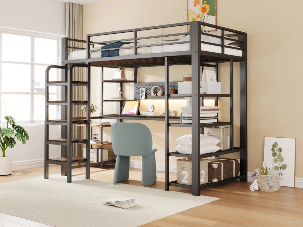 DESMIU Letto a soppalco 90 × 200 cm 1 piazza con scrivania, LED, prese e ripiani, senza materasso, in metallo, nero