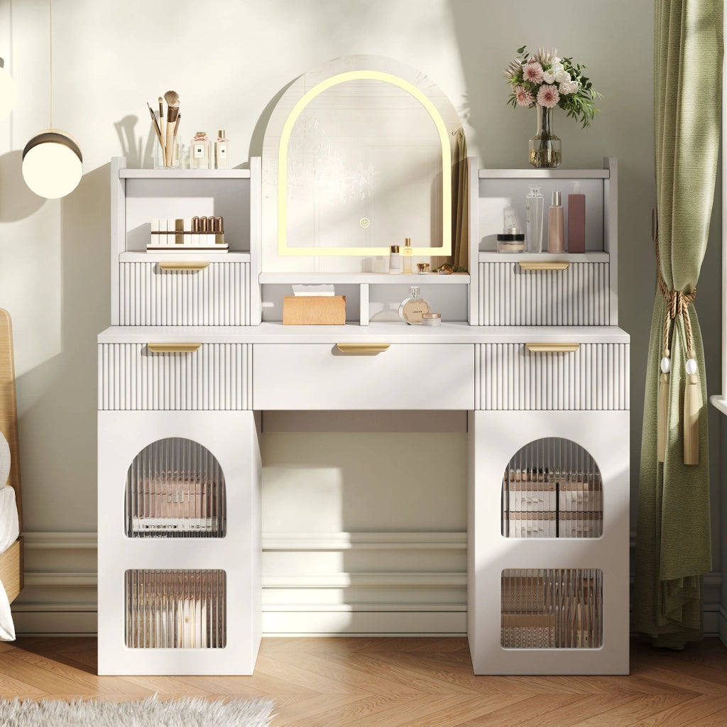 TOLETTA con Specchio LED 120x40x139,5 cm Bianco con 3 Cassetti e 2 Ante in Vetro