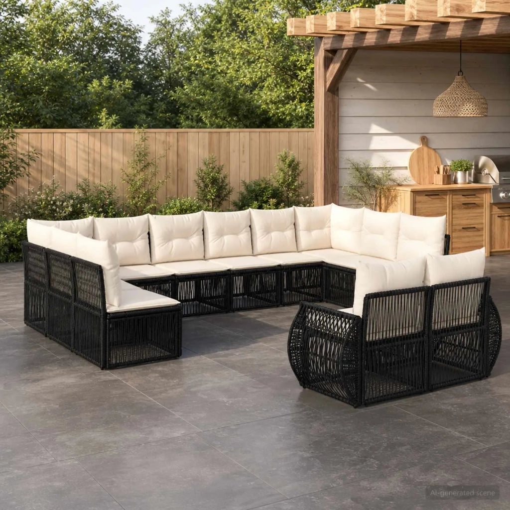 Set Divano da Giardino 12 pz Nero e Bianco Crema polyrattan 3435562