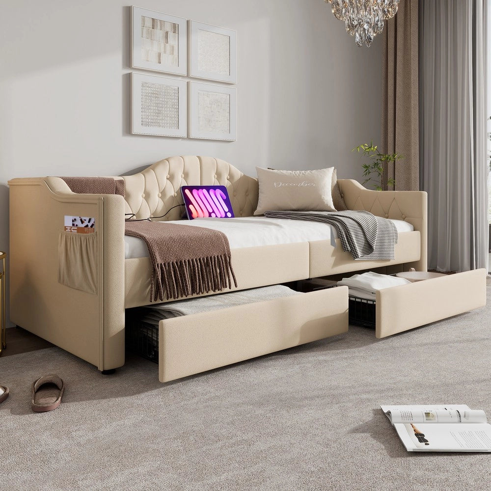 Letto Imbottito Contenitore con USB e 2 Cassetti ¨C MINIMAL ¨C Velluto Beige 90x200