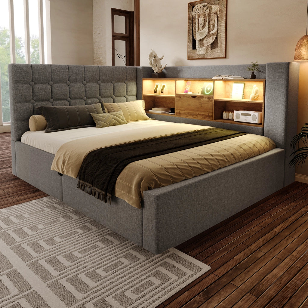OKWISH Letto Contenitore 140×200 cm, Letto Matrimoniale con LED, USB, Tipo C e Testiera a L reversibile con ripiani, senza Materasso, Lino, Grigio