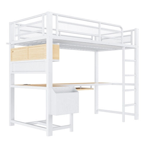 Letto a soppalco con scrivania 90x200 cm LEMONMAX, LED 7 colori, 2 prese e 2 USB, mensole, struttura in metallo, bianco