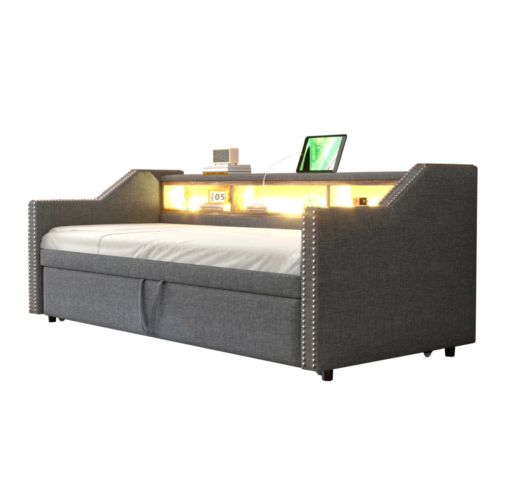 Divano letto imbottito estraibile 90/180x190 cm con LED; USB e 2 materassi; grigio scuro