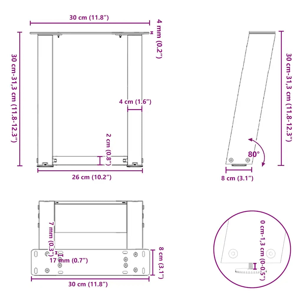 Gambe per Tavolino da Caff¨¨ a Forma di U 2 pz | Piede del tavolo Antracite 30x(30-31) cm Acciaio