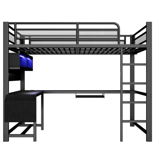 Letto a soppalco con scrivania 140x200 cm LEMONMAX, LED 7 colori, 2 prese e 2 USB, mensole, struttura in metallo, nero