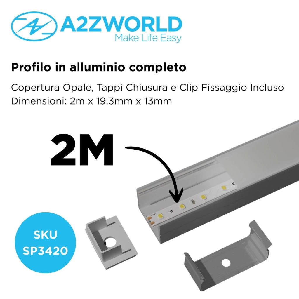 Kit Profilo Alluminio Completo Da 2 Metri Per Striscia Led, Alta, Dimensione 19.3X13mm, Larghezza Interna 15mm, 135g/m, Copertura Opale, Tappi Chiusura e Clip Fissaggio Incluso