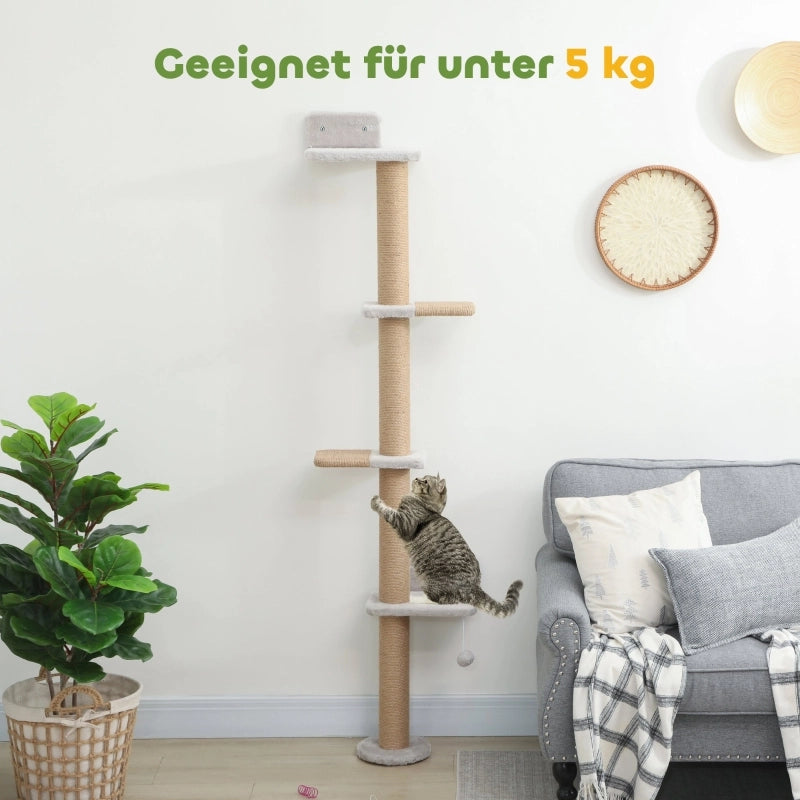 Tiragraffi per gatti, design a 5 livelli, giocattolo, pali in sisal, tessuto felpato, grigio chiaro