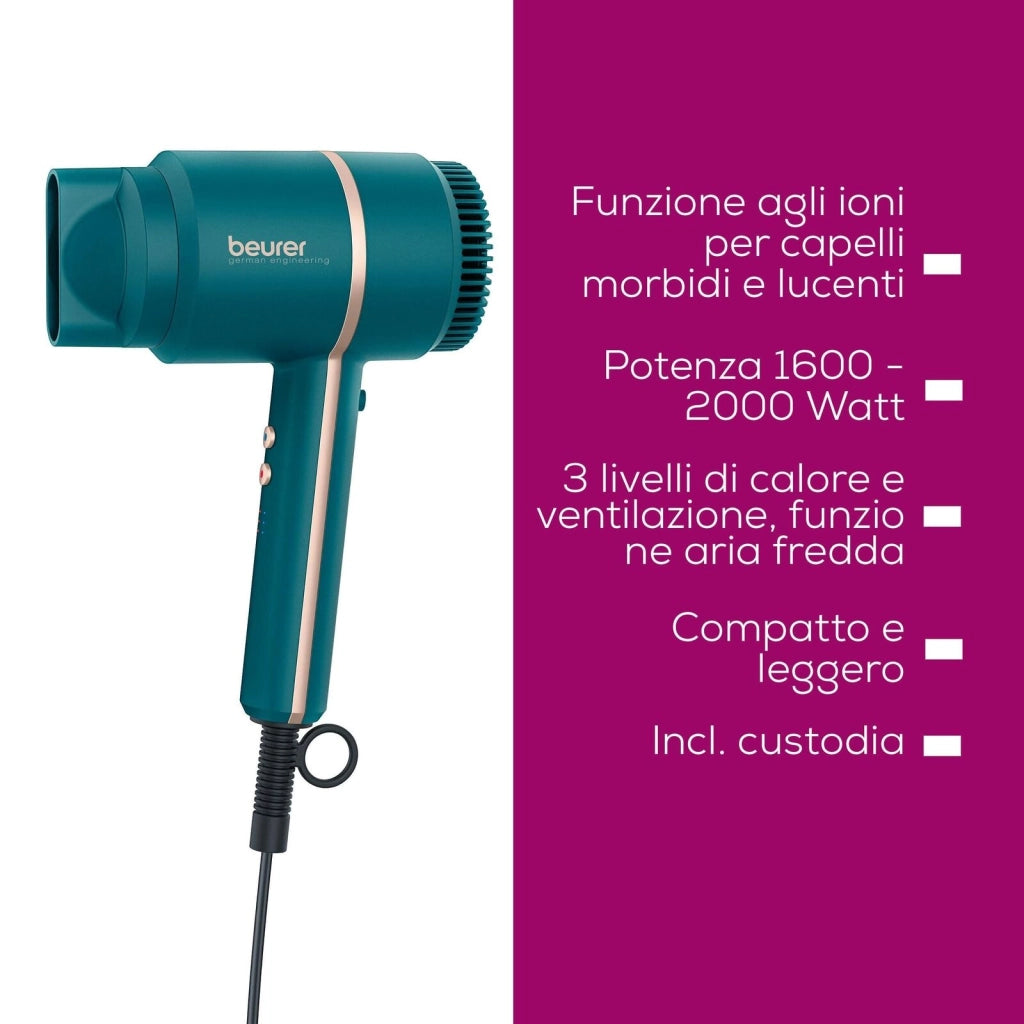 Beurer HC 35 Ocean Asciugacapelli 2000 W Ioni 3 velocita' 3 temperature Custodia e Concentratore inclusi colore Blu Petrolio