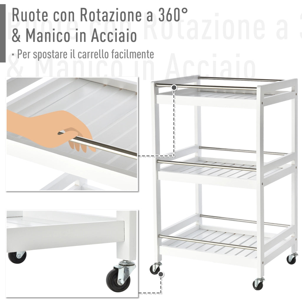 Carrello da Cucina Portavivande ¨C Xylo ¨C Legno Bianco 3 Ripiani con Ruote 45x38x78cm