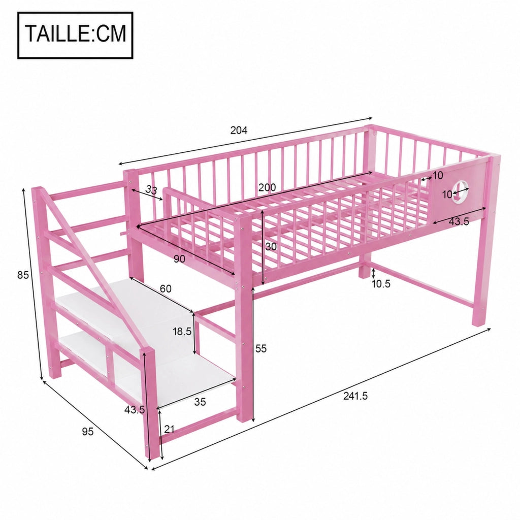 DESMIU Letto a soppalco bambino 90 × 200 cm con scala contenitore, senza materasso, in metallo, rosa