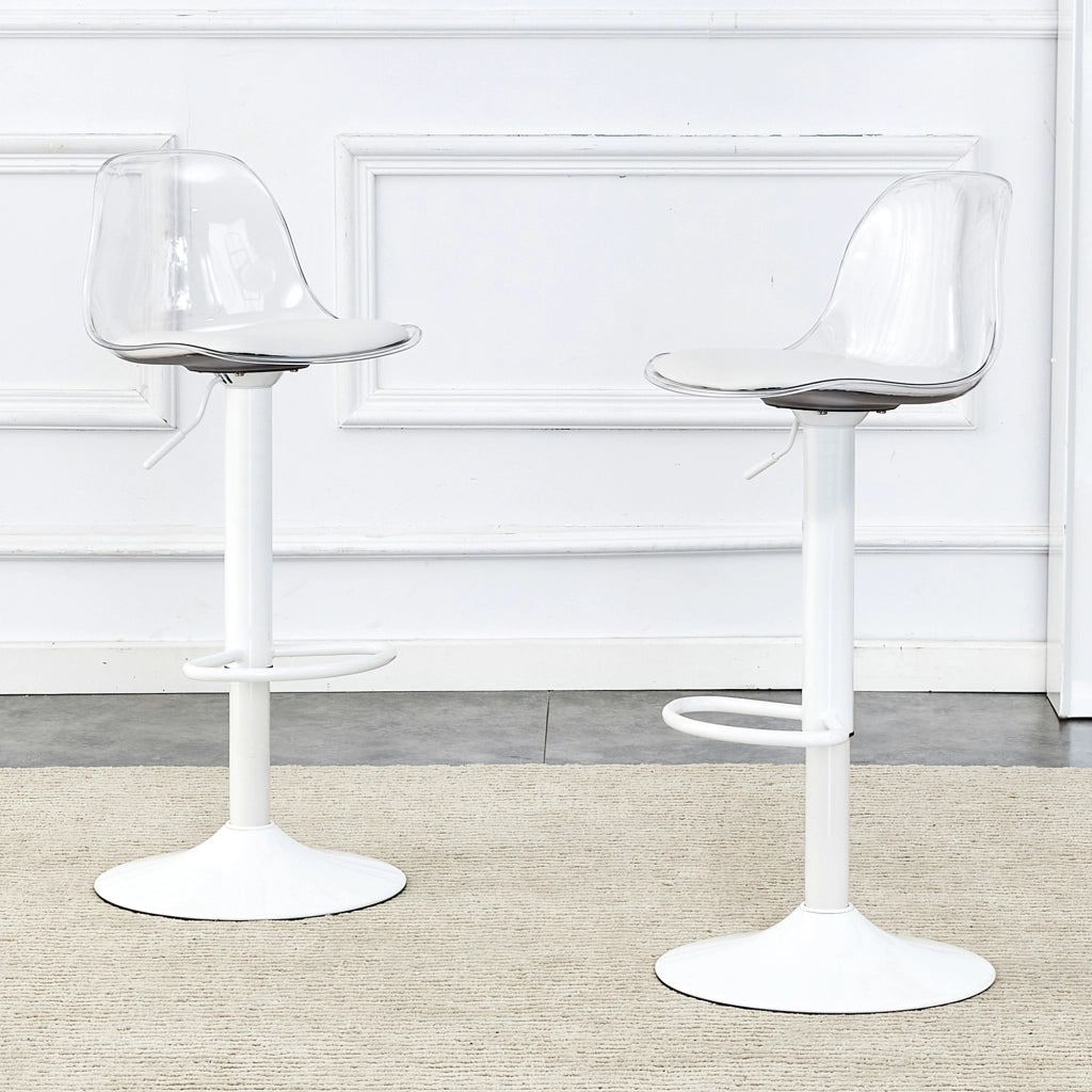 Set da 2 sedie a trave regolabili: schienale trasparente + gambe in metallo bianco, altezza regolabile da 82 a 104 cm, rotazione a 360¡ã.