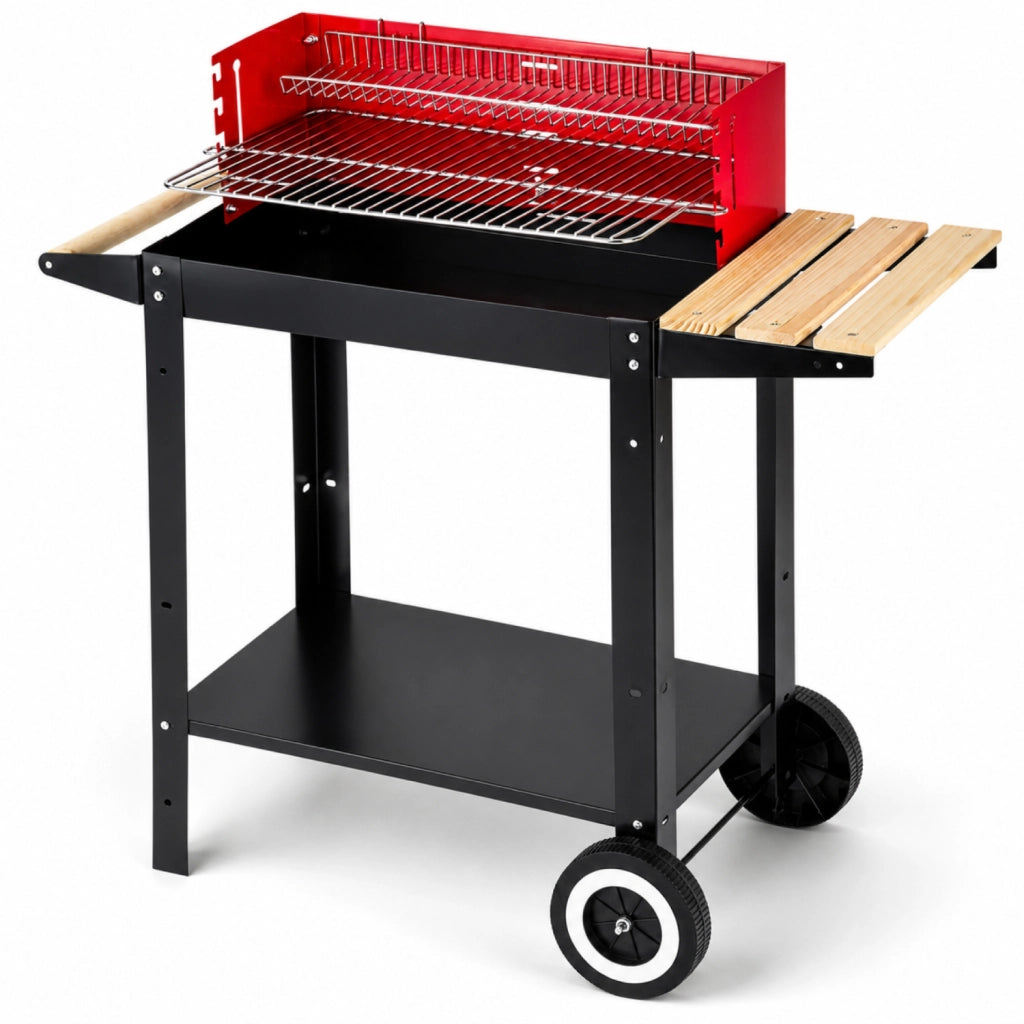BBQ Grill A Carbonella Con Griglia Regolabile Accessori In Dotazione Ripiano Laterale Multifunzionale Supporto Porta Accessori Ruote Scorrevoli E Ripiano Scaldavivande 86 x 40.5 x 81 Cm