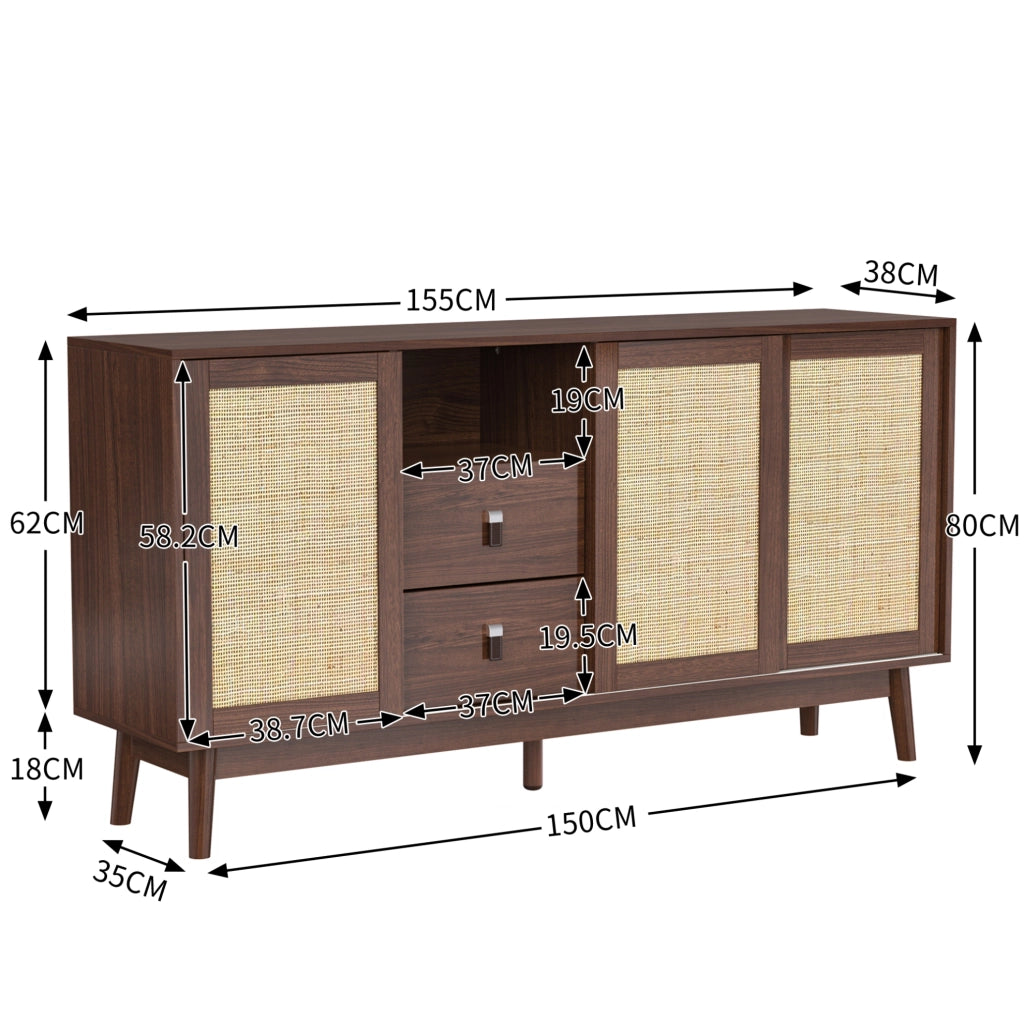 Sideboard con 3 ante scorrevoli in rattan e 2 cassetti; 155x38x80 cm; effetto legno