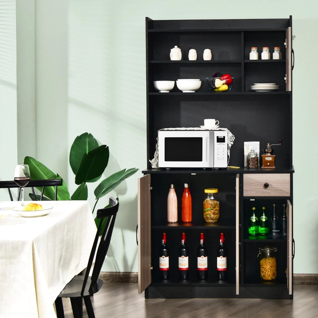 Armadio da cucina alto 180cm con stazione di ricarica integrata, Buffet con vetrina piano per microonde cassetto Nero