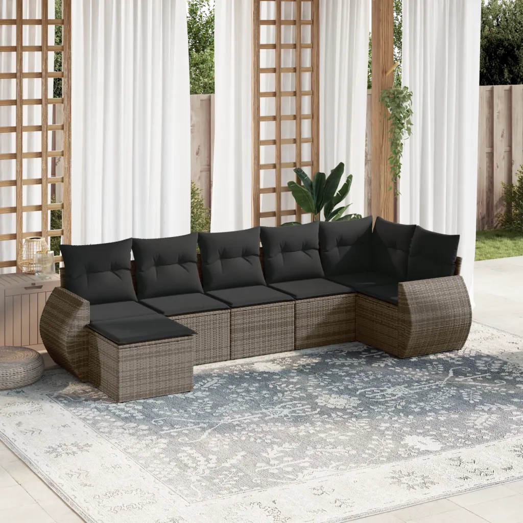 Set Divani da Giardino 7 pz con Cuscini Grigio in Polyrattan