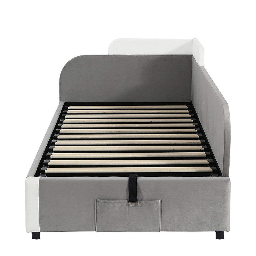 Letto Singolo Idraulico con Contenitore 90x200cm - Xylo - Velluto Grigio con Sponde Morbide