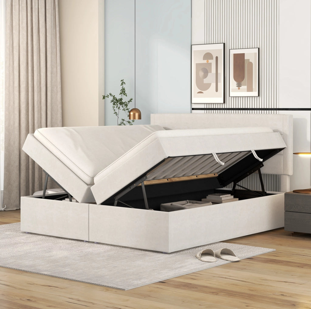 Letto matrimoniale imbottito 140x200 con ampio vano contenitore e rete sollevabile