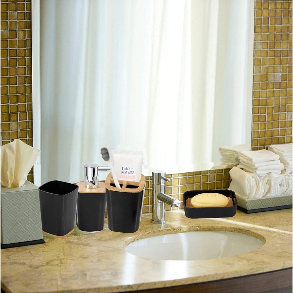 Trade Shop - Set Accessori Bagno In Bambù 6 Pz Moderno Bidone Spazzatura Portasapone Dispenser - Nero