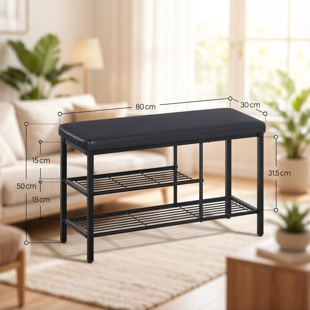 Scarpiera con seduta a 3 scomparti aperti con piedini regolabili in similpelle e metallo nero 80 × 30 × 50 cm