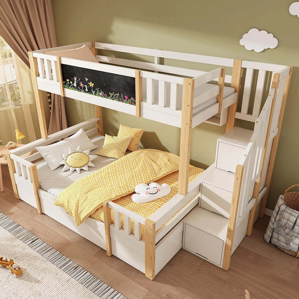 Letto a castello-Xylo-90+140x200cm lavagna scala con ripiano 2 cassetti armadio legno massiccio bianco naturale