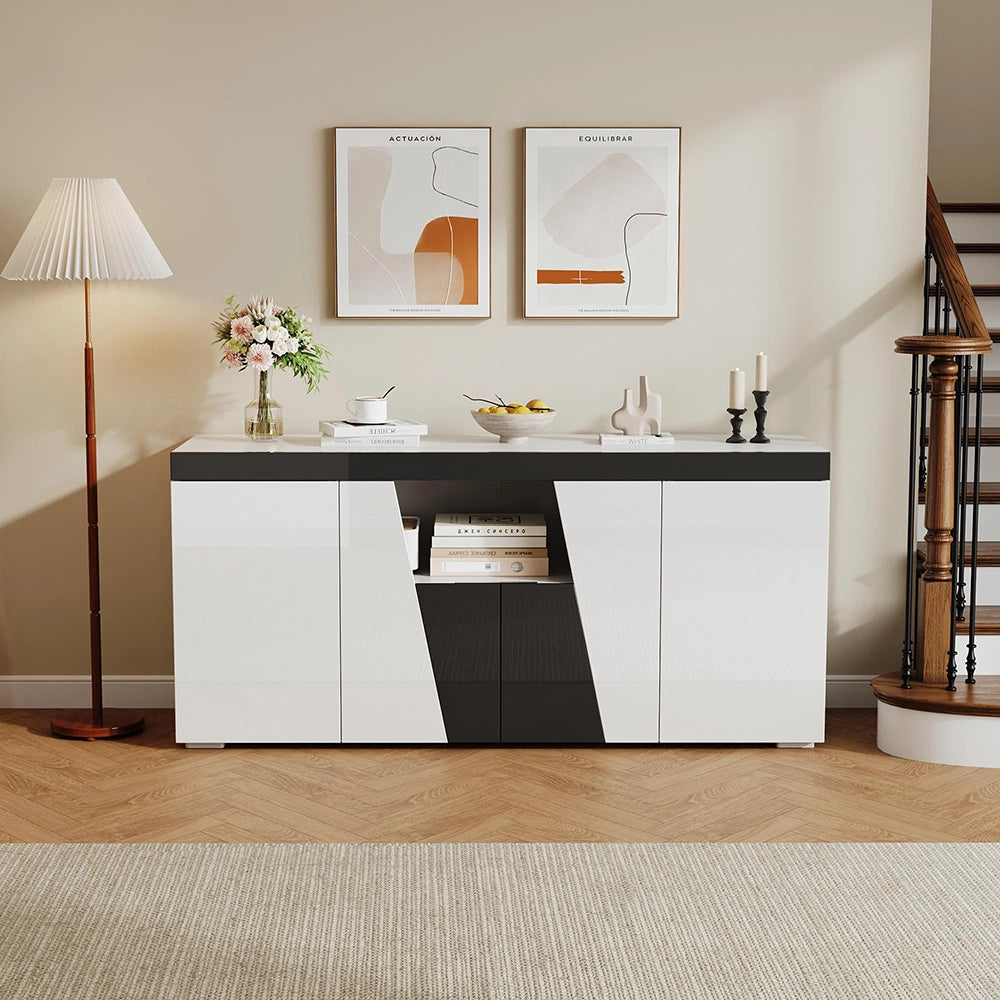 Credenza Angolare 140x40x65cm - Xylo - 3 Ante con Luci LED, Colore Bianco e Nero