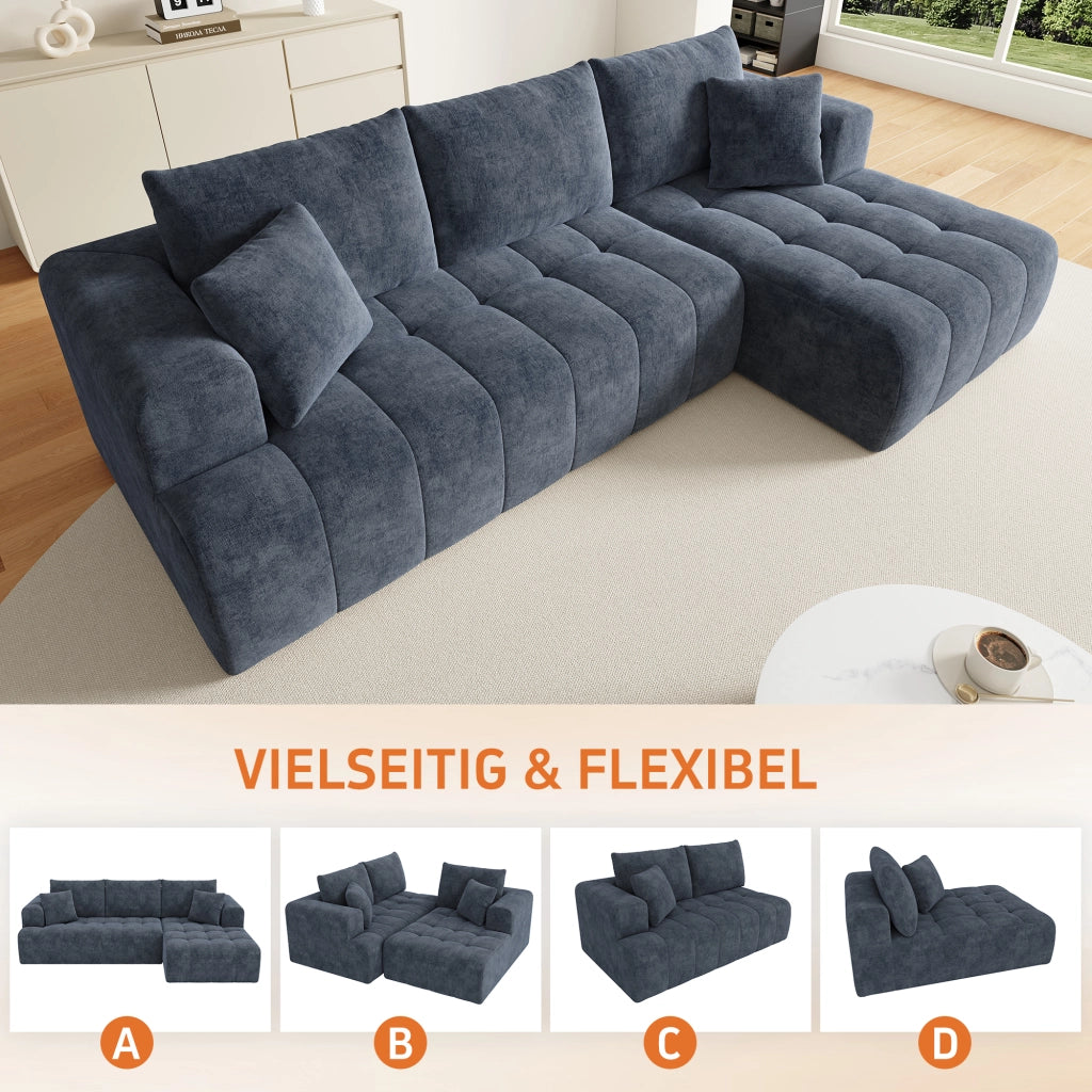 Divano angolare modulare senza struttura 3 o 4 posti con cuscini, in Chenille Blu