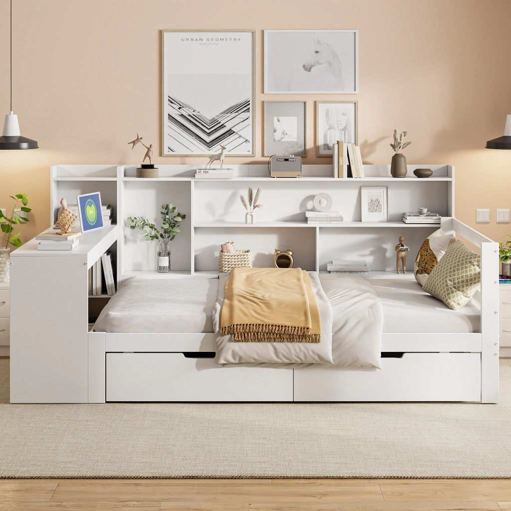Letto singolo salvaspazio 90×200 cm con scrivania; libreria; cassetti; prese USB; senza materasso; legno; bianco