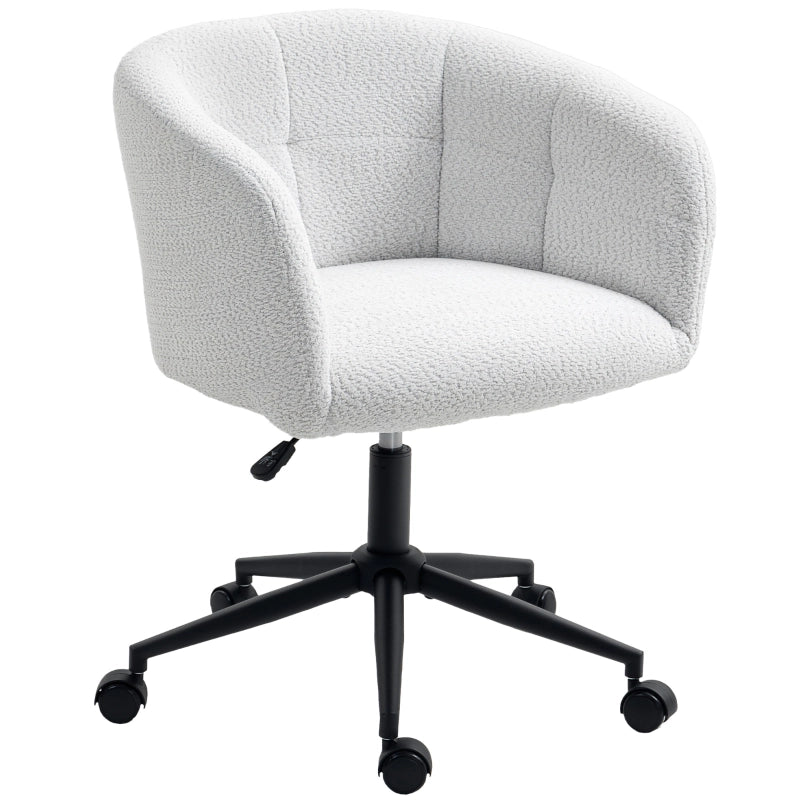 Sedia da ufficio imbottita con rivestimento in peluche, design a vasca, sedia da scrivania con ruote, base in acciaio, crema+nero