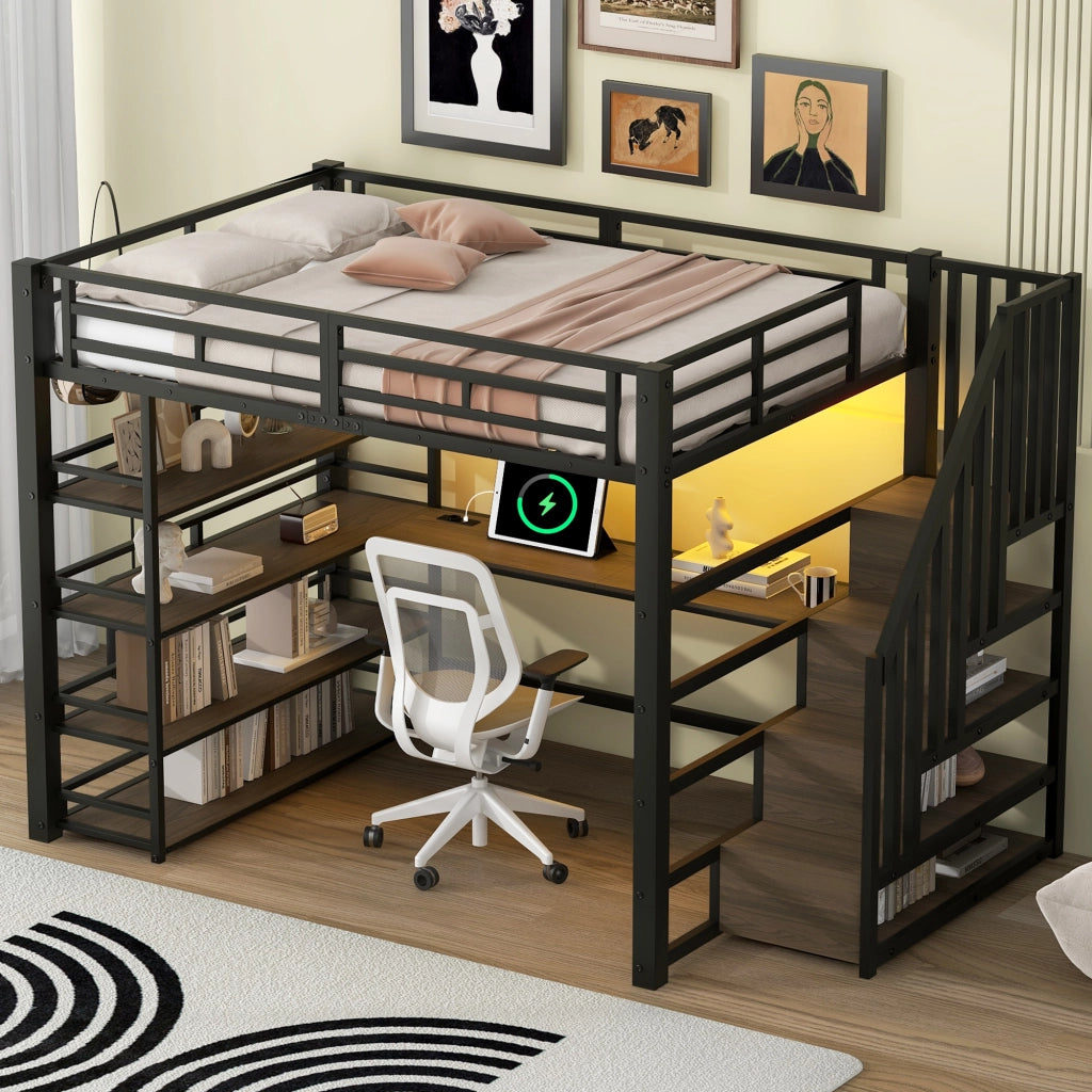 Letto a soppalco 140x200 cm con scrivania; scala contenitore; stazione USB e illuminazione LED; metallo nero
