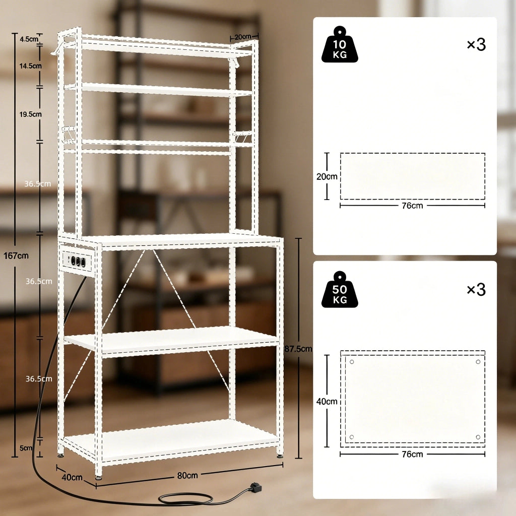 Scaffale cucina con prese, 6 ripiani aperti, 6 ganci, marrone rustico