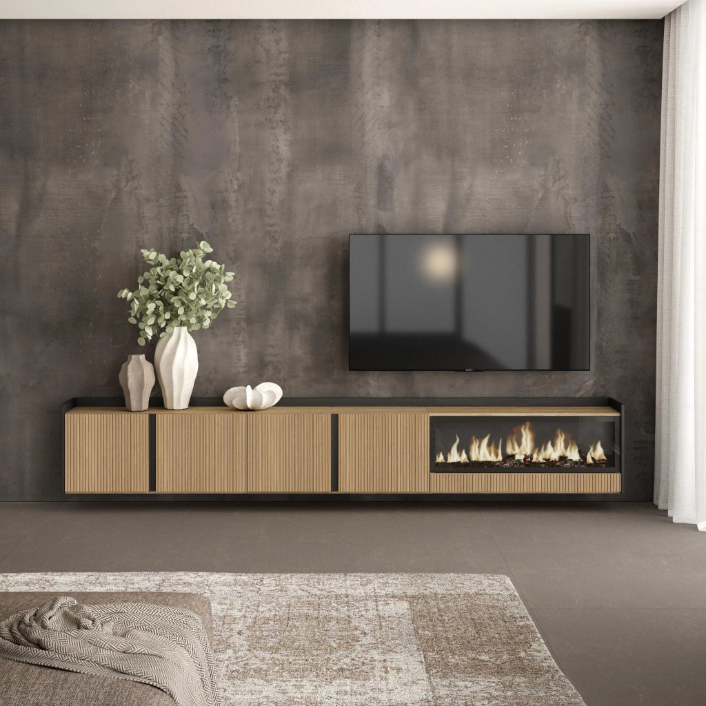 Mobile TV Soggiorno, 315x50x35 cm, Per TV fino a 80", Camino elettrico XXL, Sospeso, da appendere, Rovere e nero