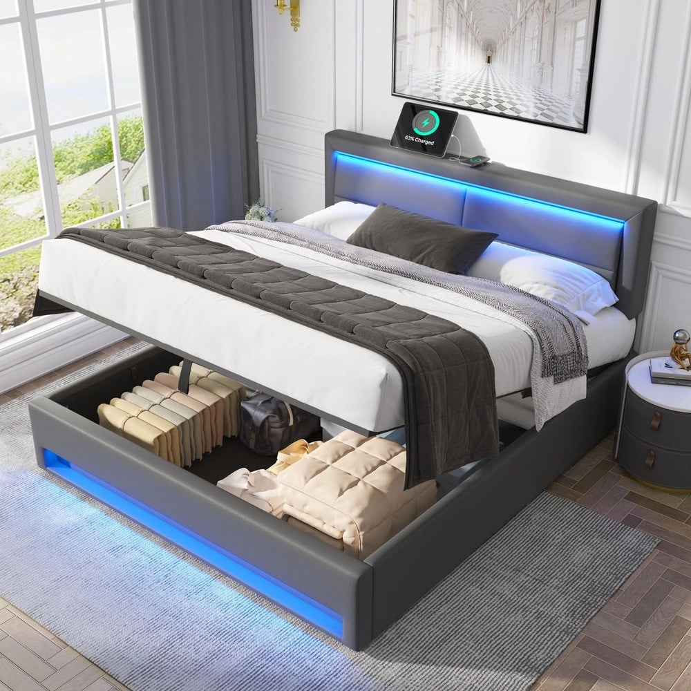 Letto Imbottito Contenitore ¨C MINIMAL ¨C Grigio, LED, USB, 140x190