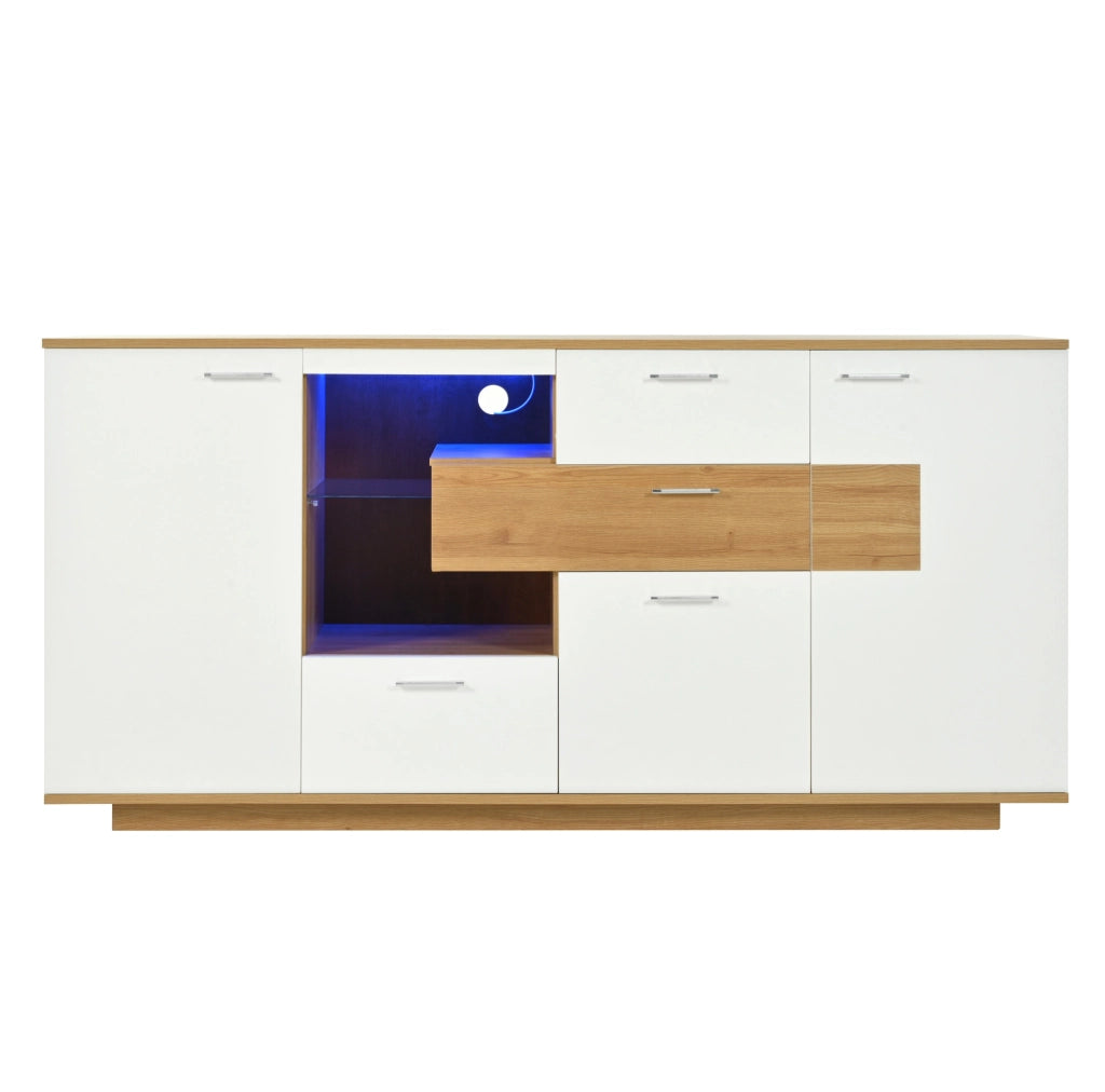 Sideboard moderno 160x40x77 cm con LED; 2 ante; 4 cassetti; MDF; legno e bianco