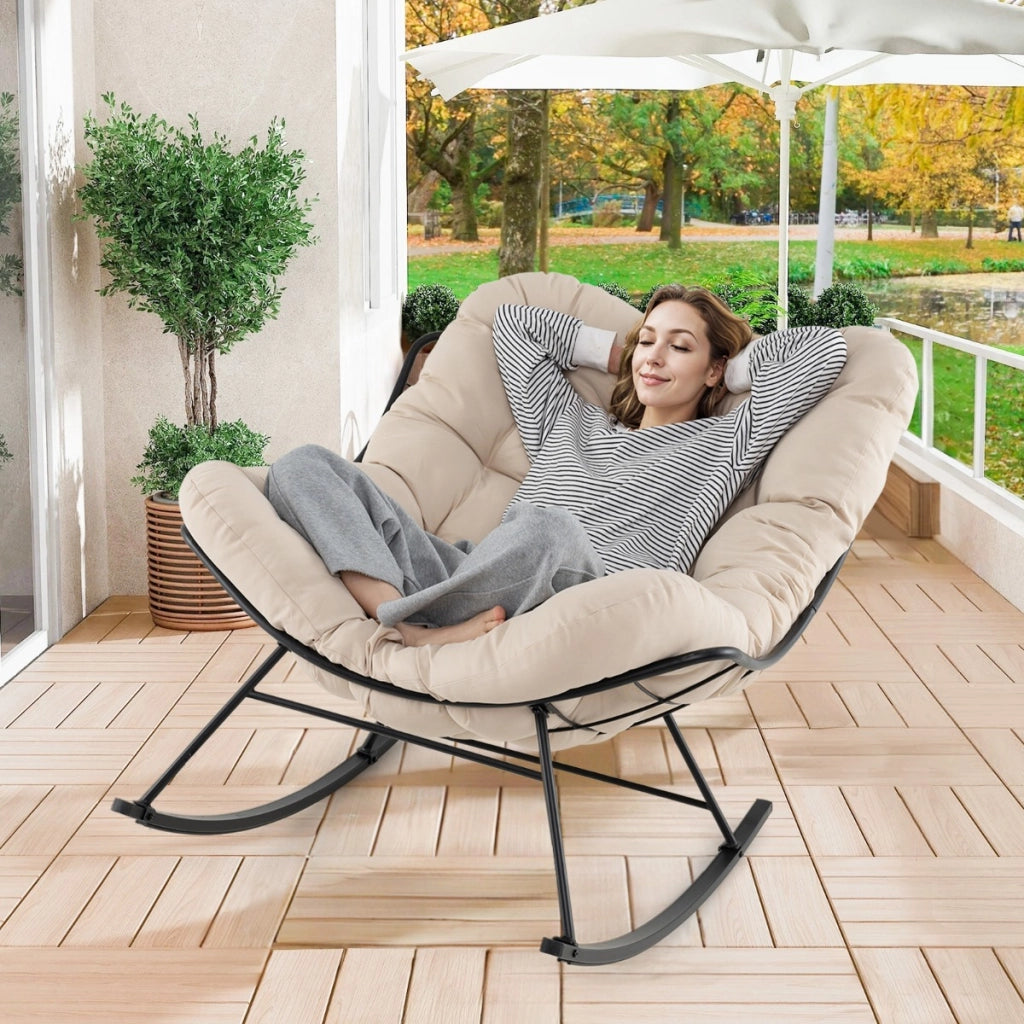 Sedia a dondolo per spazi interni ed esterno-Sedia a uovo sovradimensionato con struttura metallica per portico e giardino Beige