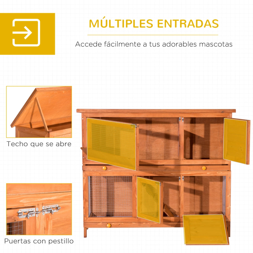 Conejera 2 Livelli in Legno per Esterno con Rampa e 2 Bandeje ¨C Zephmum ¨C 120x48x100 cm Legno Naturale