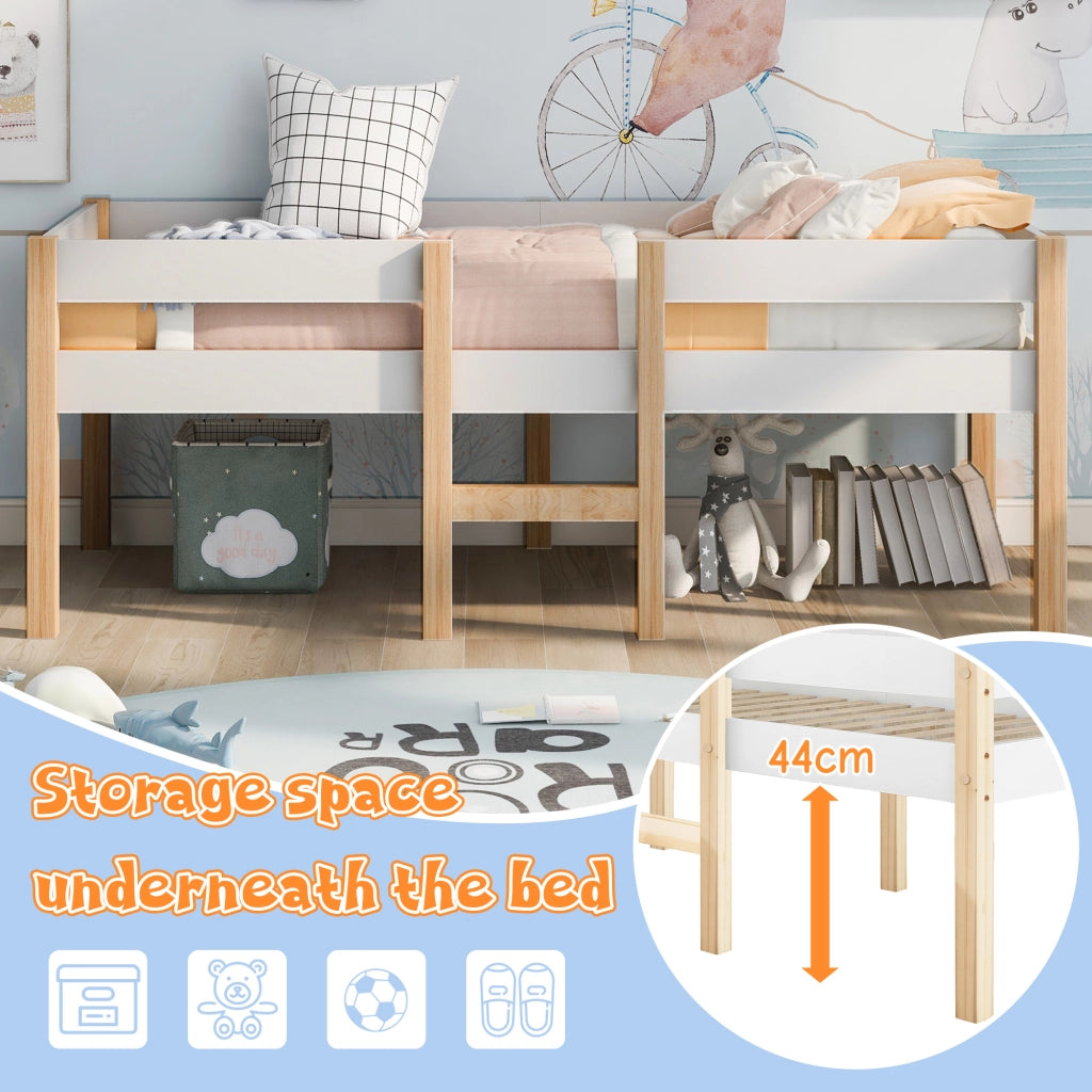 DESMIU Letto per bambini rialzato 1 posto con 2 cassetti e barriera 90 × 190 cm, senza materasso, legno massello bianco