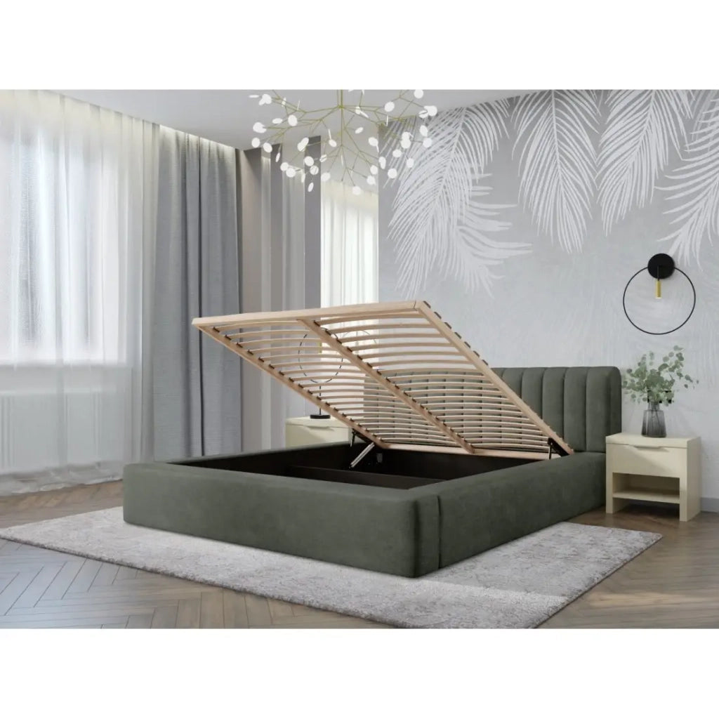 Letto contenitore CERVIN – Velluto morbido Salvia Notturna – 140x200 cm – Rete sollevabile – Design elegante