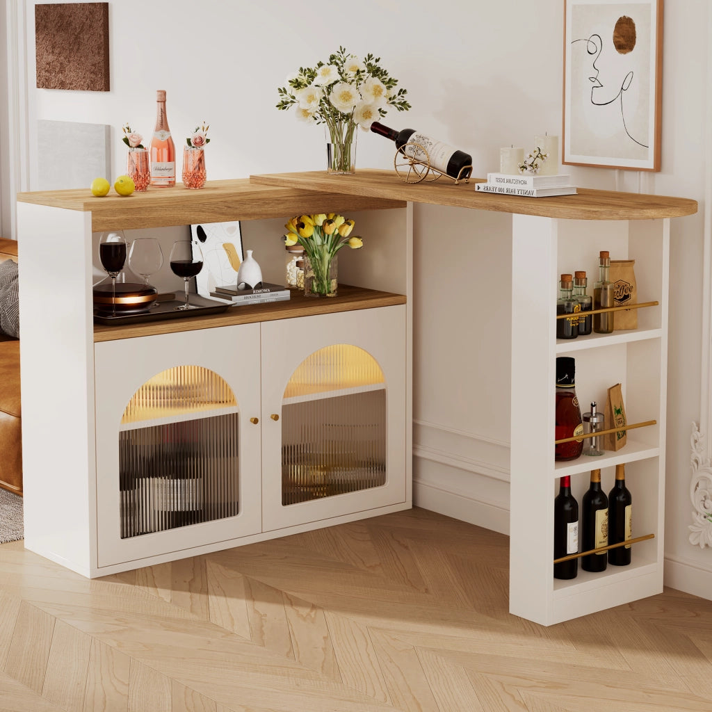 Bar tavolo allungabile girevole con LED e vano contenitore, bianco, 138-193 x 39 x 105 cm
