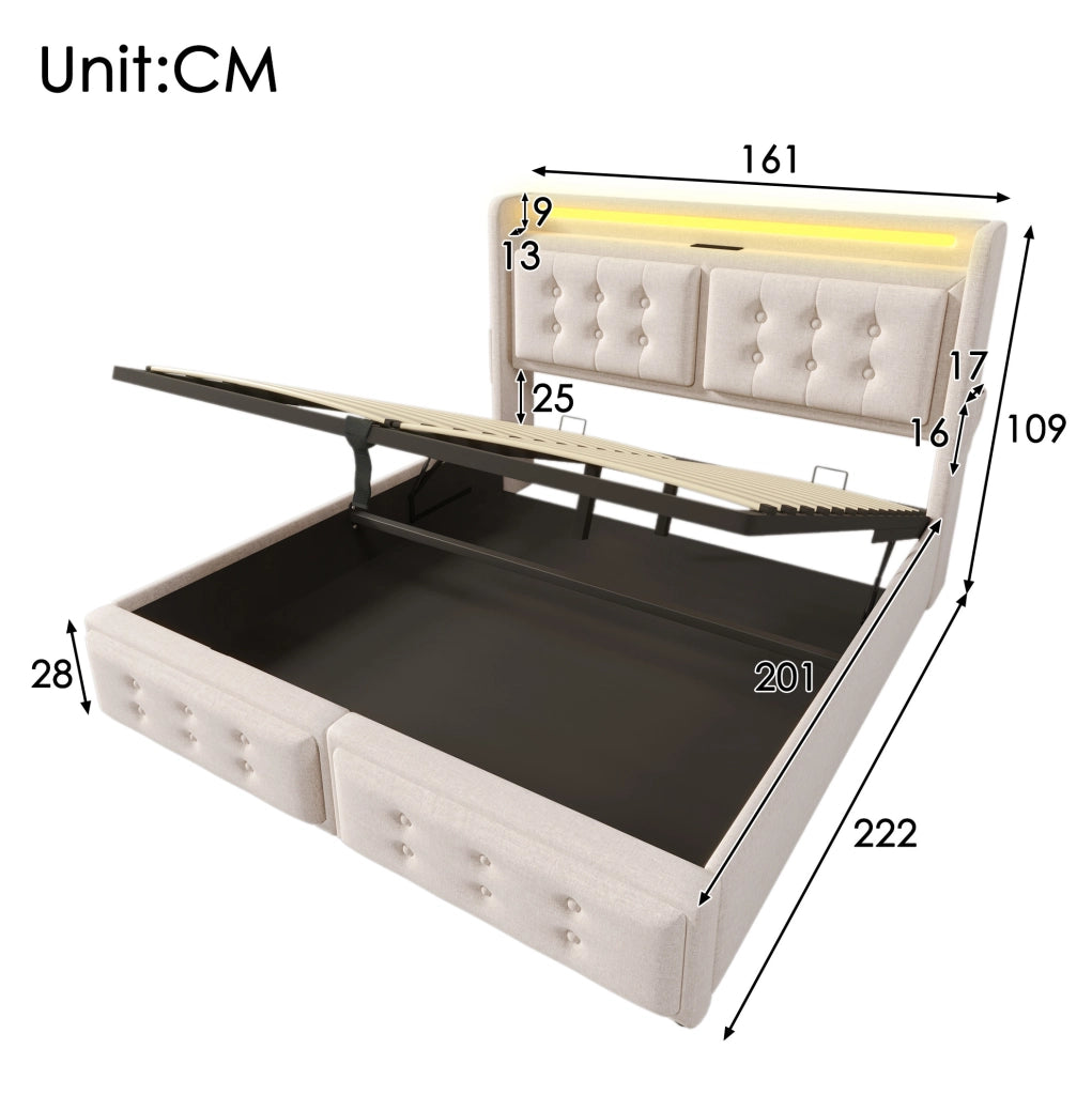 Letto imbottito 160x200 con testiera LED, prese e USB-C