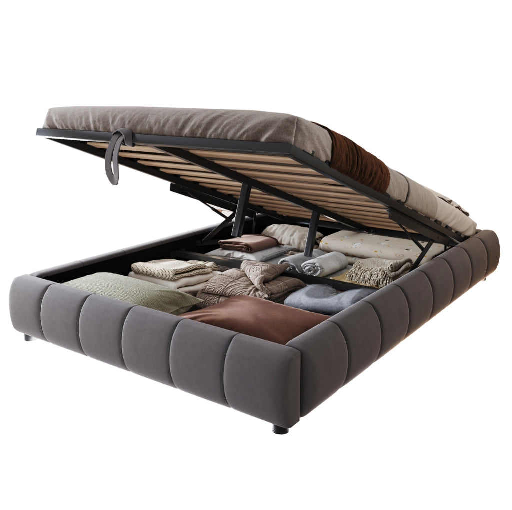 Letto imbottito 140x200 cm con contenitore e LED grigio