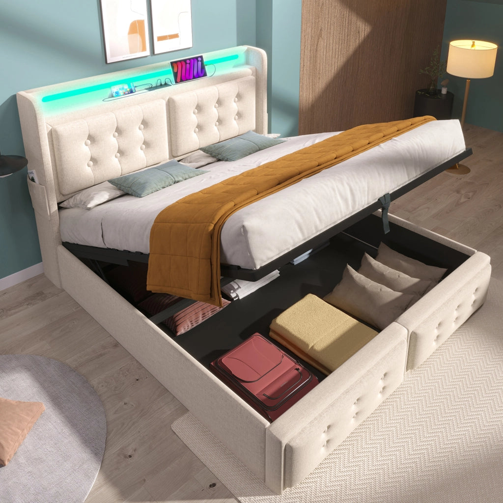 OKWISH Letto Contenitore 180×200 cm, Letto Matrimoniale con LED Regolabile, USB, Tipo C e Prese, senza Materasso, Beige