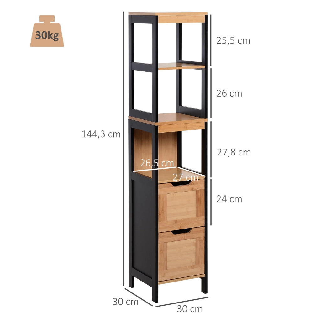 Armadio Bagno Alto con Ripiani e Cassetti ¨C Minimal ¨C 30x30x144 cm Nero e Naturale
