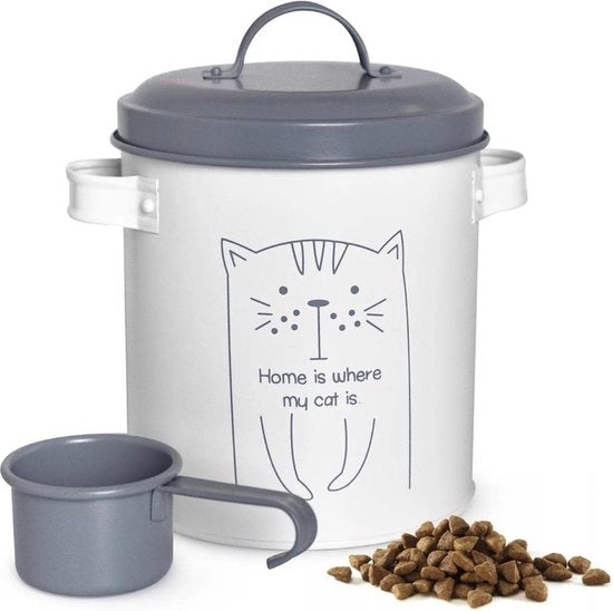 Scatola per cibo secco con coperchio e cucchiaio, contenitore per misurare il cibo per animali, contenitore di riserva, box per gatti, deposito alimentare per gatti