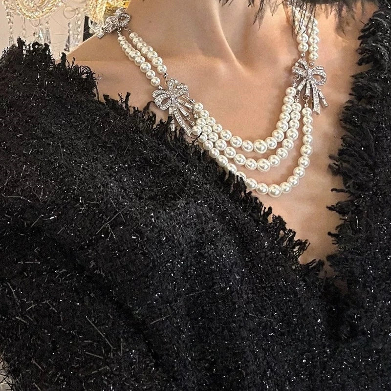 Collana vintage francese a pi¨´ strati con fiocco di perle e strass, catena per clavicola a pi¨´ strati, catena per maglione vintage