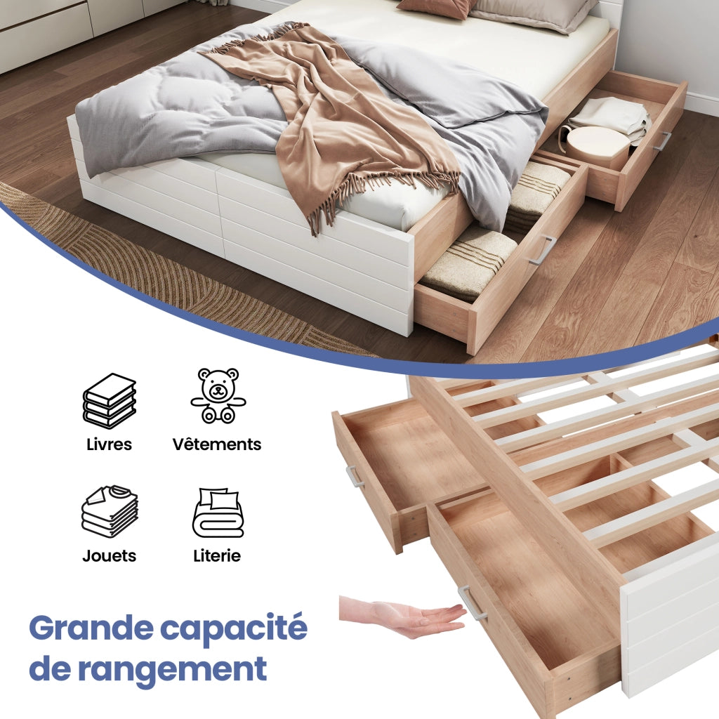 OKWISH Letto con Cassetti 140×200 cm, Letto Matrimoniale con 2 Cassetti e Ampio Spazio Contenitore, senza Materasso, in Legno Massello e MDF, Bianco e Rovere
